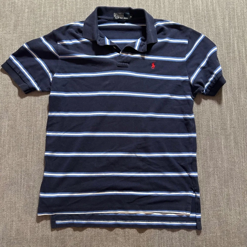 Polo Ralph Lauren Polo Shirt Mens M Navy Blue Striped Cotton Short Sleeve Pique